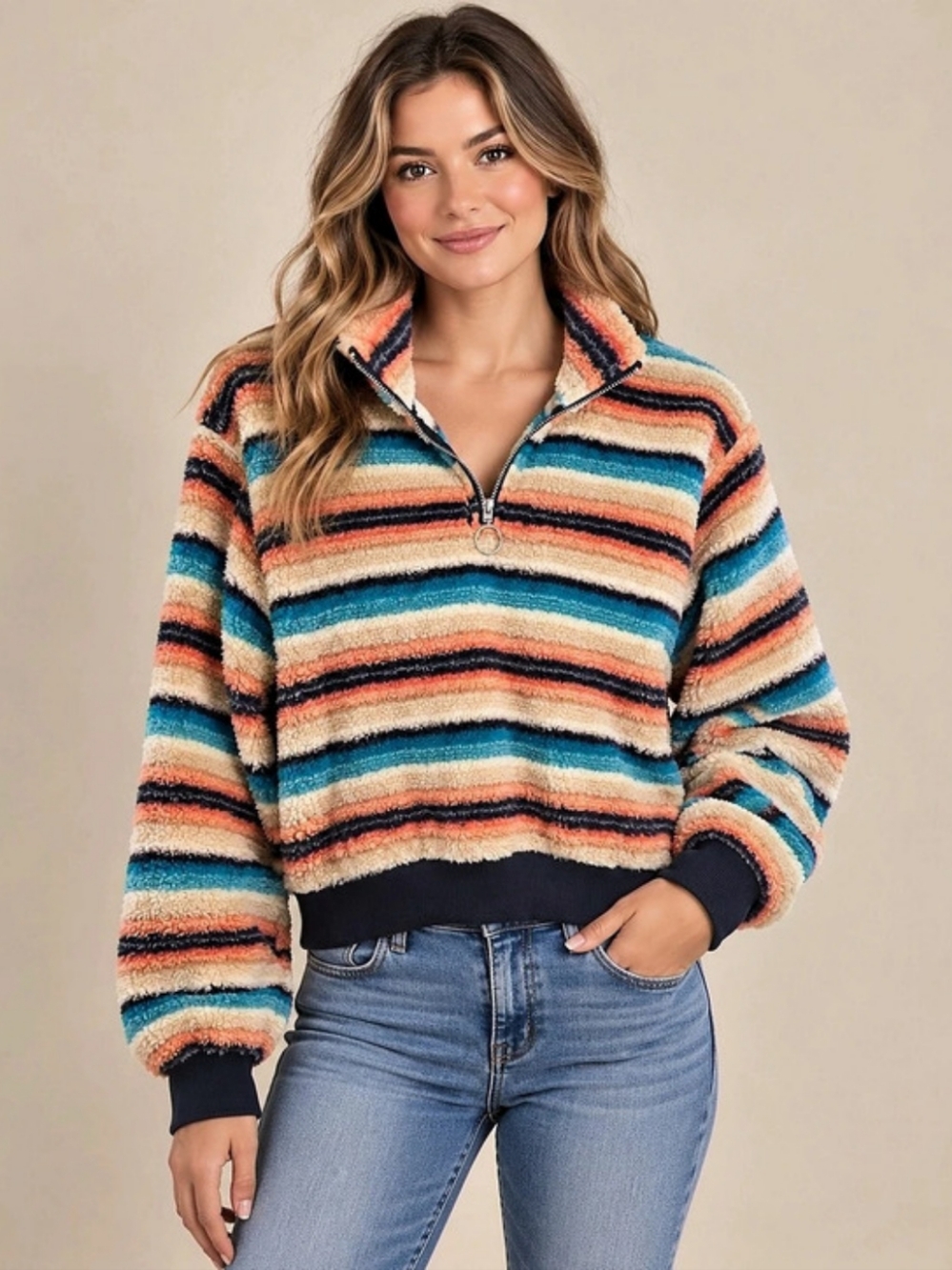 Rock & Roll Denim Cowgirl Sherpa Pullover Striped Quarter Zip Crop Women Medium